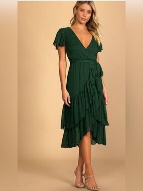 Lulus Have Harmony Dark Green Swiss Dot Faux Wrap Ruffle Midi Dress M NWT